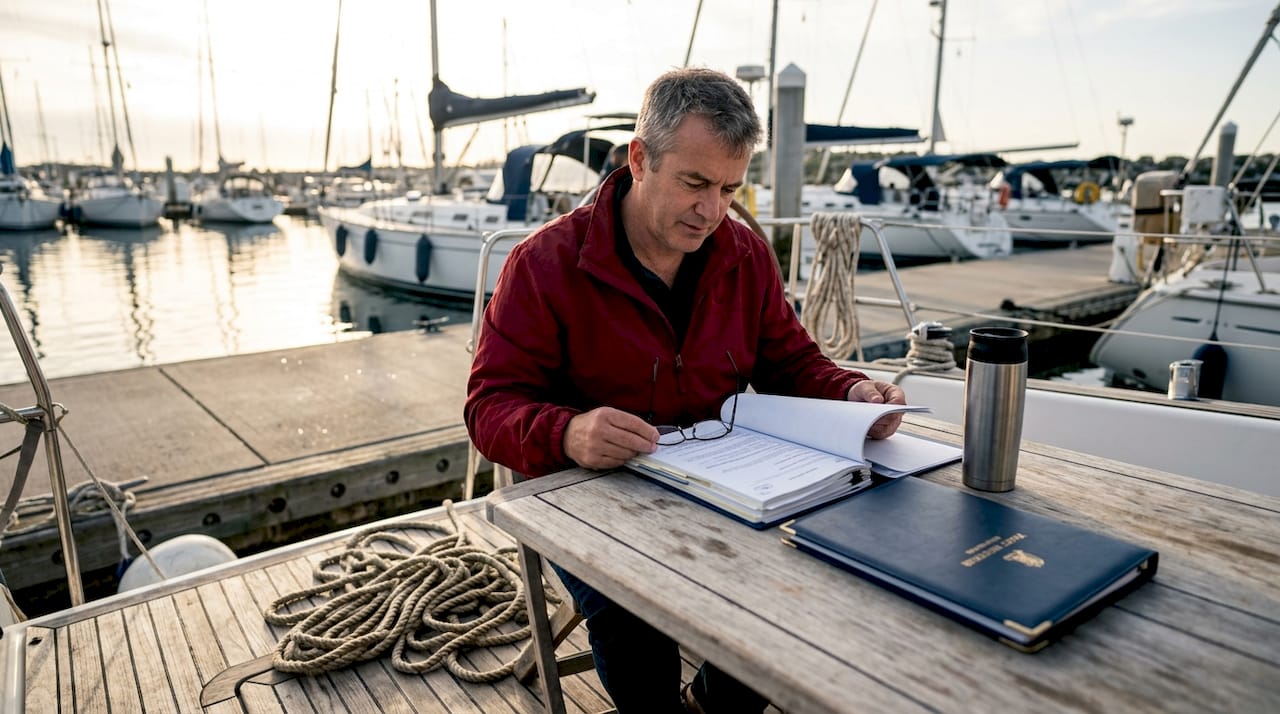 Yacht owner reviewing registration documents onboard