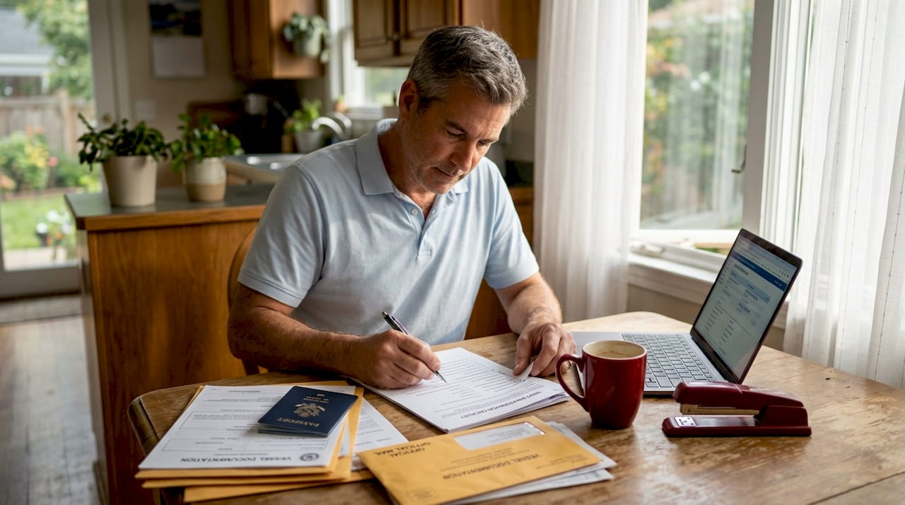 Yacht owner preparing registration paperwork at home
