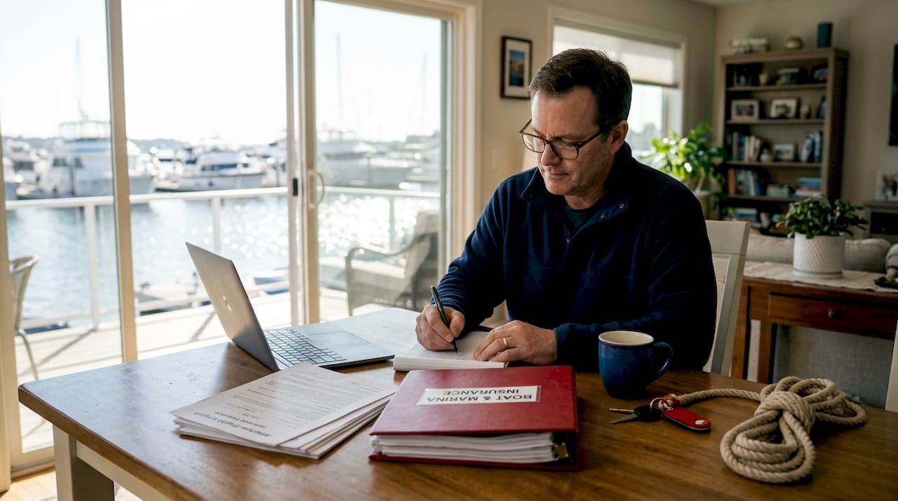 Boat owner reviews insurance paperwork at table