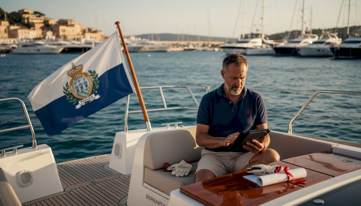 Yacht owner with San Marino flag in marina