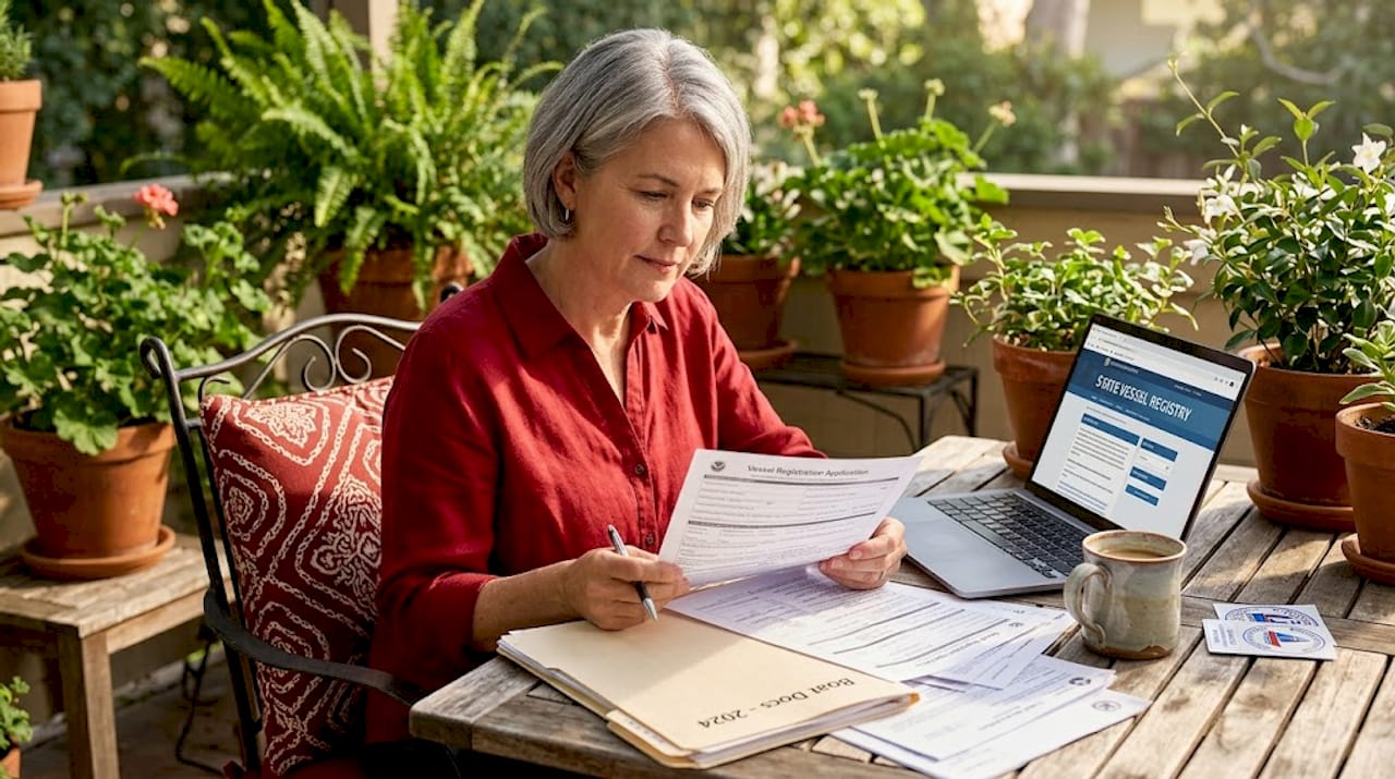 Woman reviewing vessel registration forms at kitchen table
