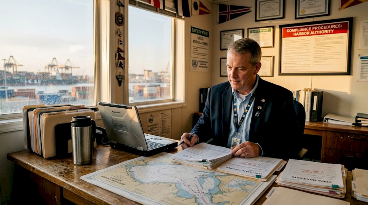 Officer reviewing vessel documents at busy desk