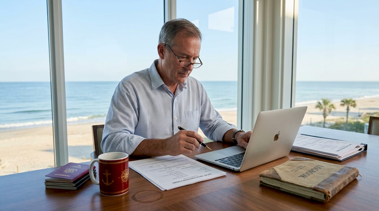 Yacht owner reviewing registration forms at home