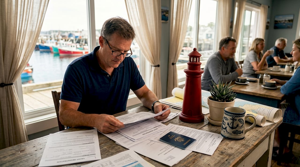 Yacht owner reviews registration forms in office