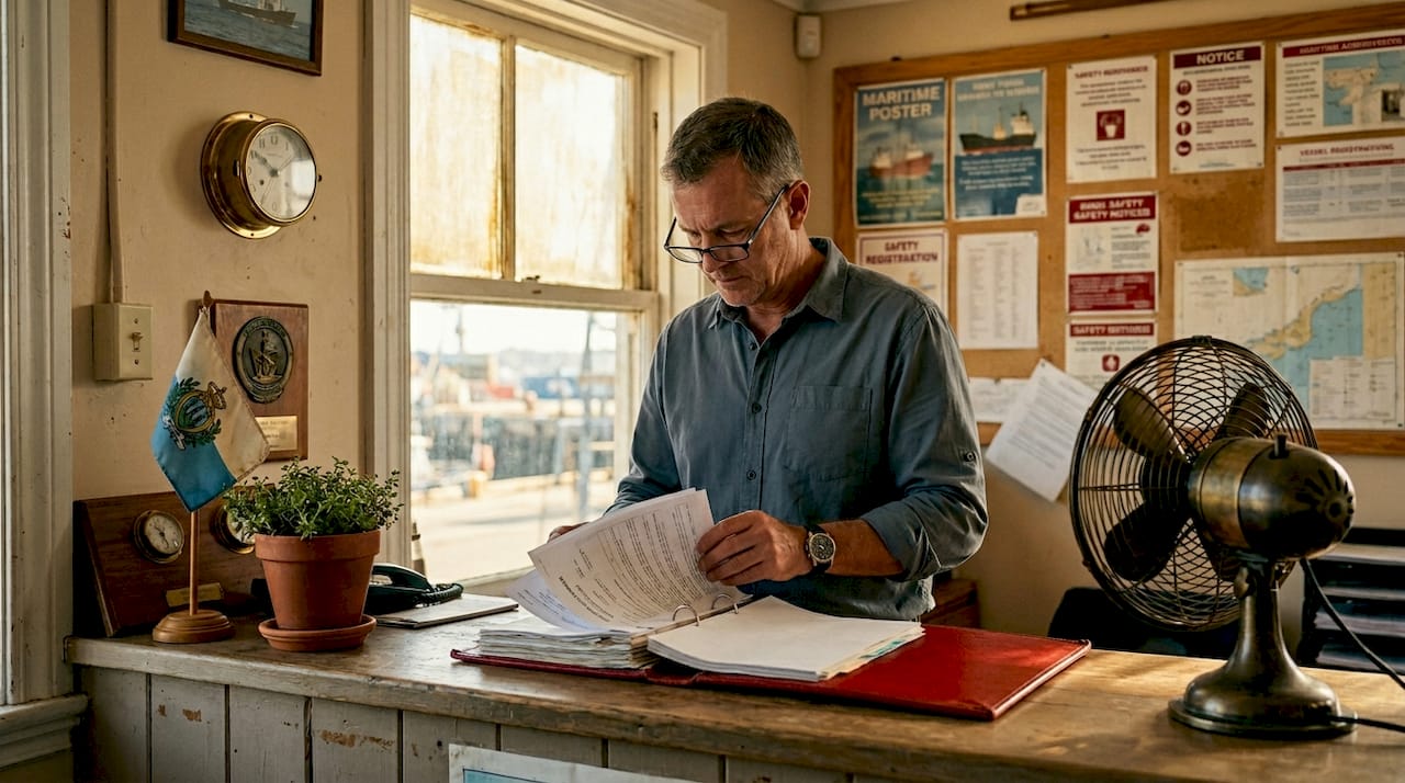Administrator reviewing vessel paperwork in office