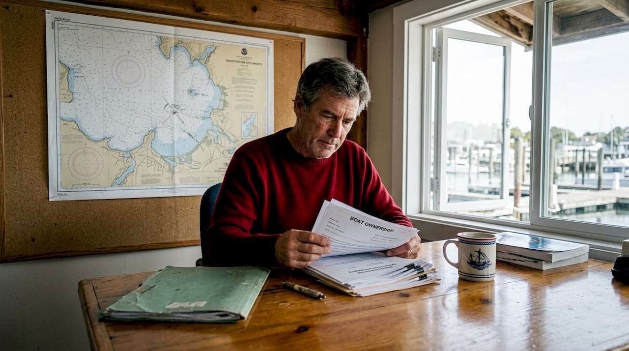 Boat owner reviews documents in marina office