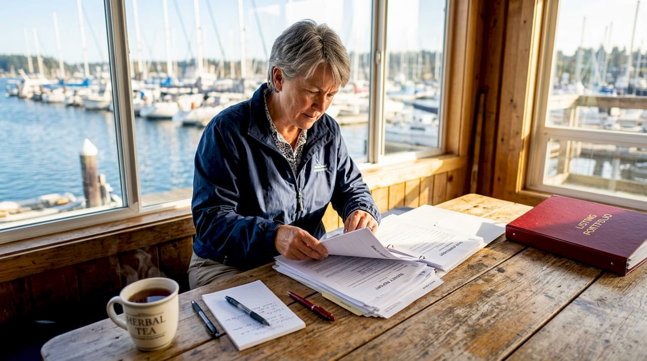 Boat broker reviewing transaction paperwork at marina