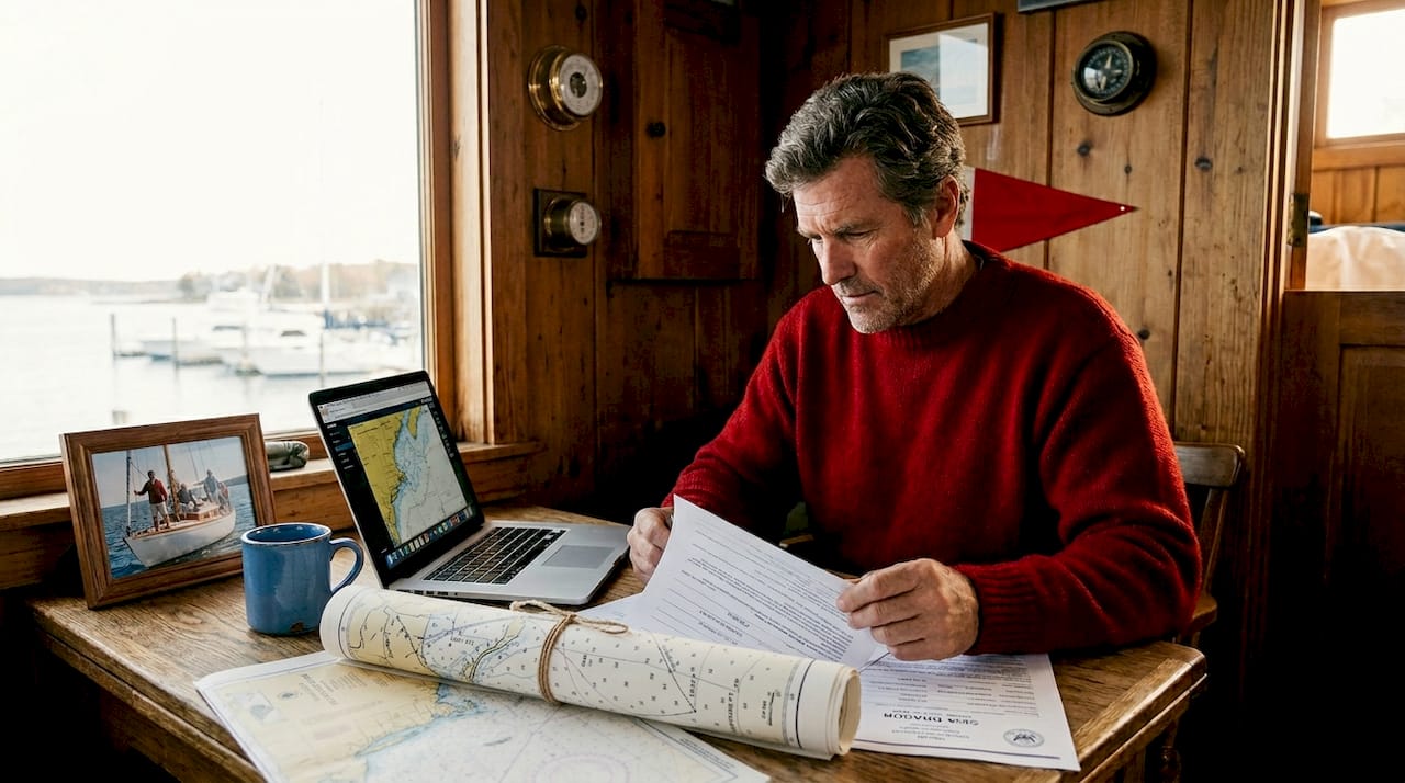 Yacht owner reviews registration documents in marina office