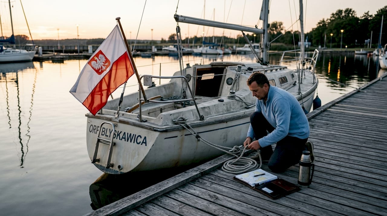 Polish state flag flying from stern of docked vessel