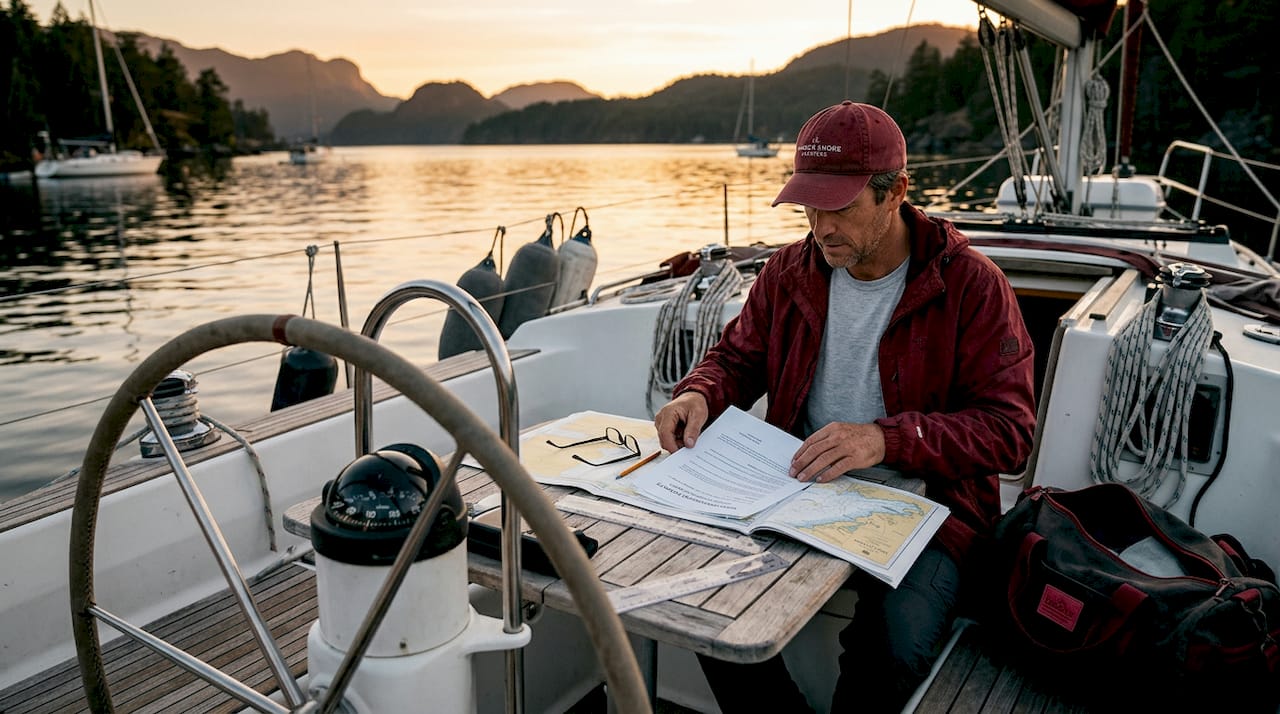 Charterer arranging paperwork on sailboat in marina