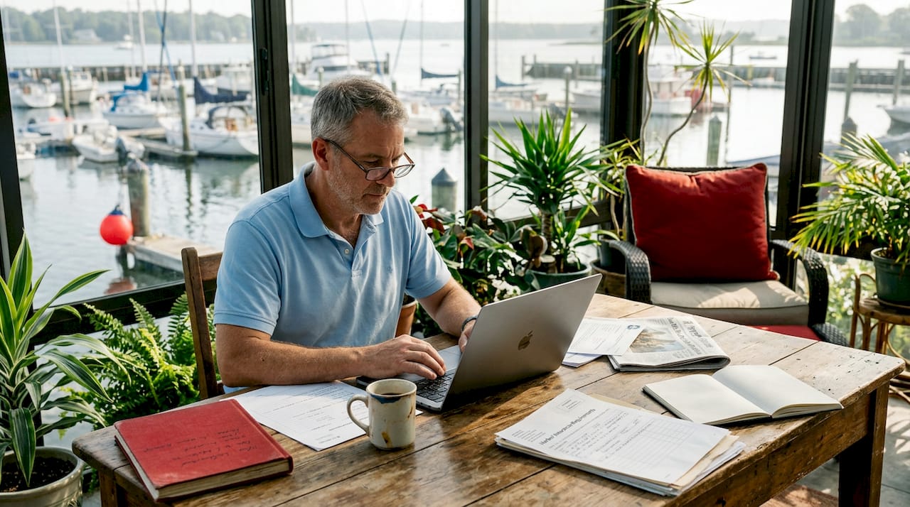 Vessel owner reviewing insurance paperwork at home