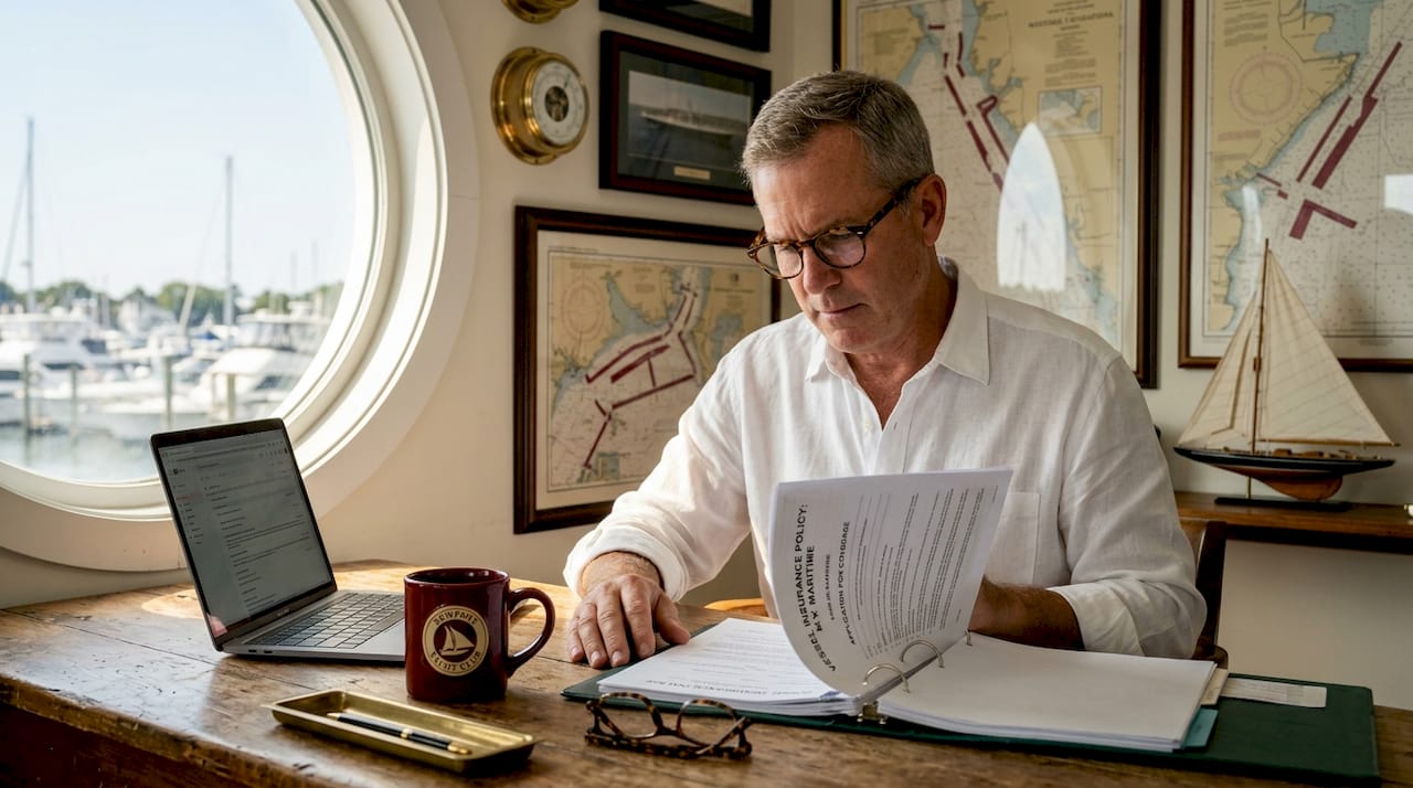 Yacht owner reviewing vessel insurance documents