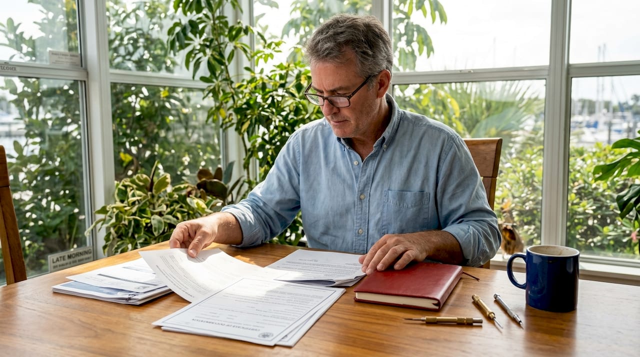Boat owner organizing vessel documentation at desk