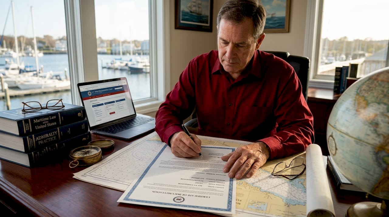 Maritime lawyer reviewing vessel registration document