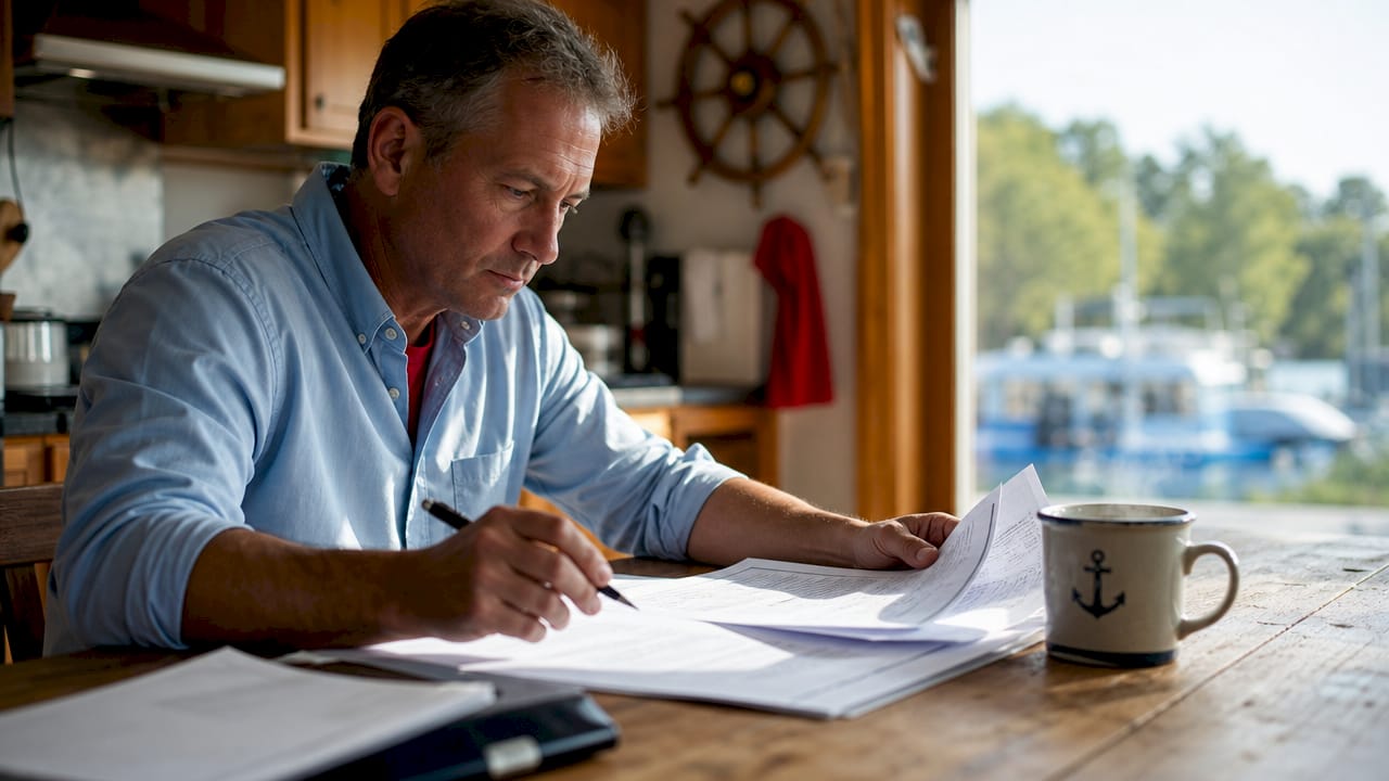 Boat owner reviewing vessel insurance paperwork