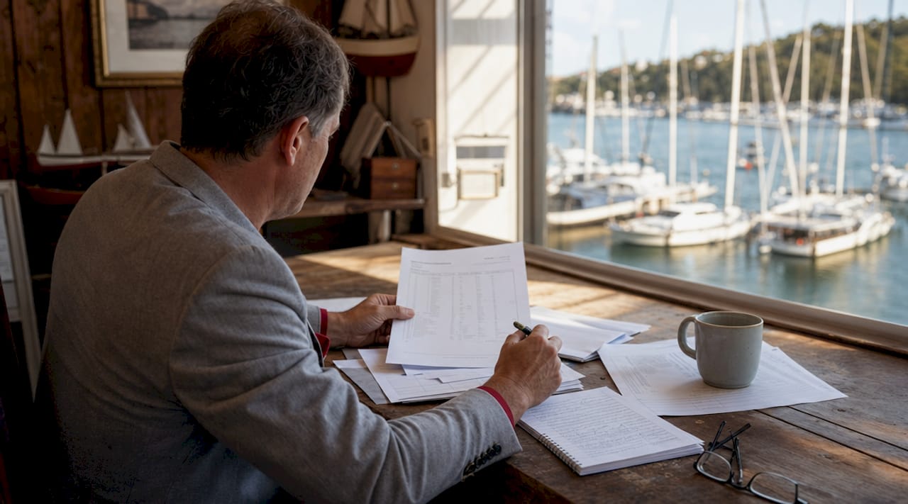 Yacht owner reviewing vessel consultant documents