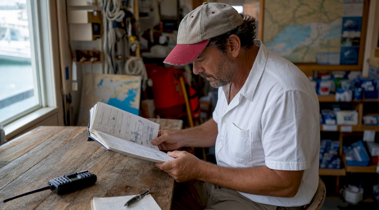 Boat captain reviewing AIS device manual
