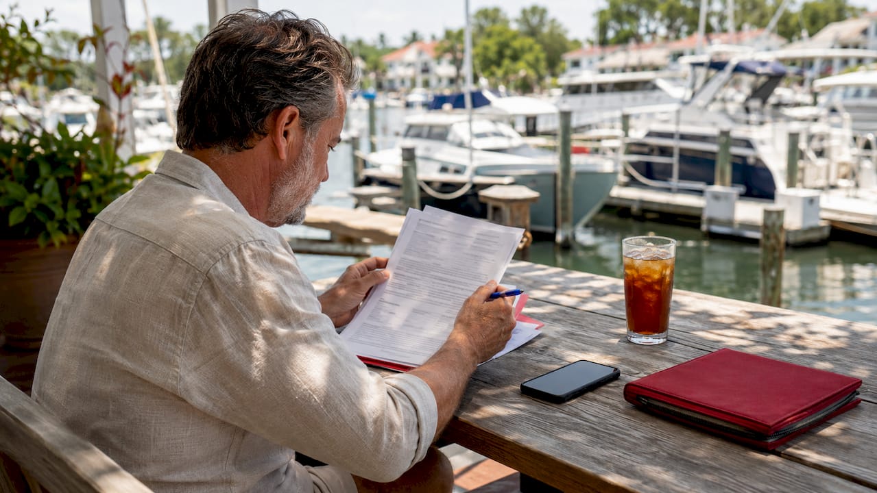 Yacht owner reviewing registration papers at harbor café