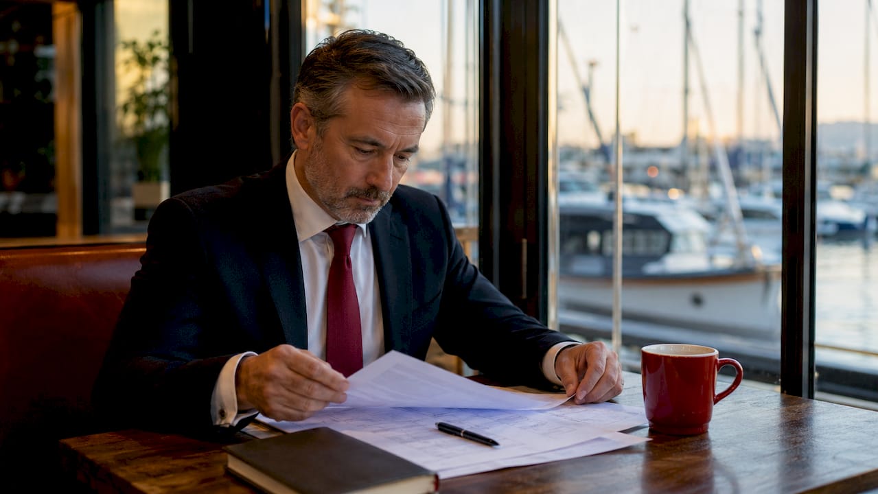Maritime lawyer reviewing vessel registration documents