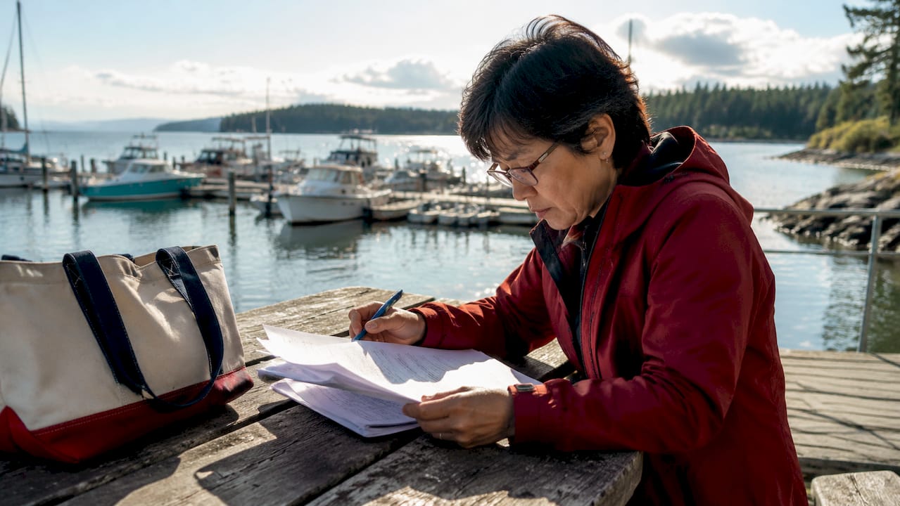 Compliance officer reviewing maritime registration documents