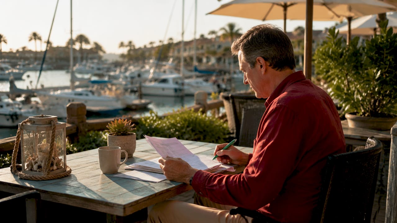 Yacht owner reviewing documents at desk