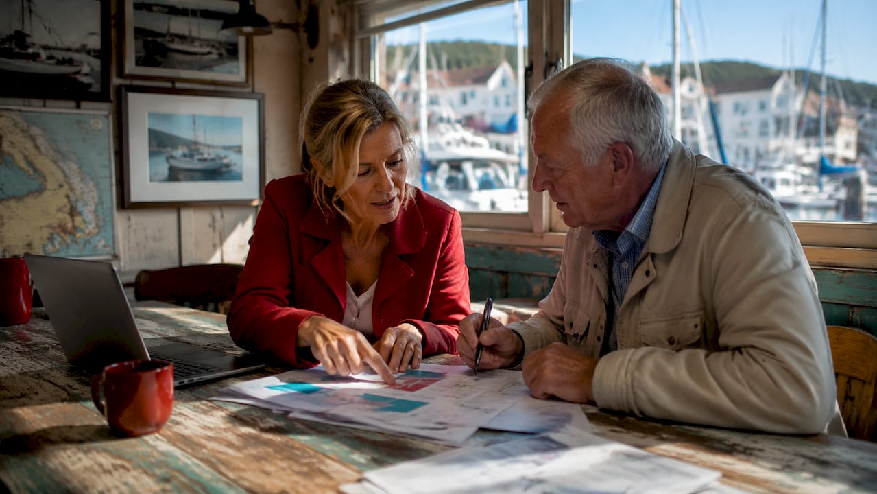 Insurance broker consulting boat owner