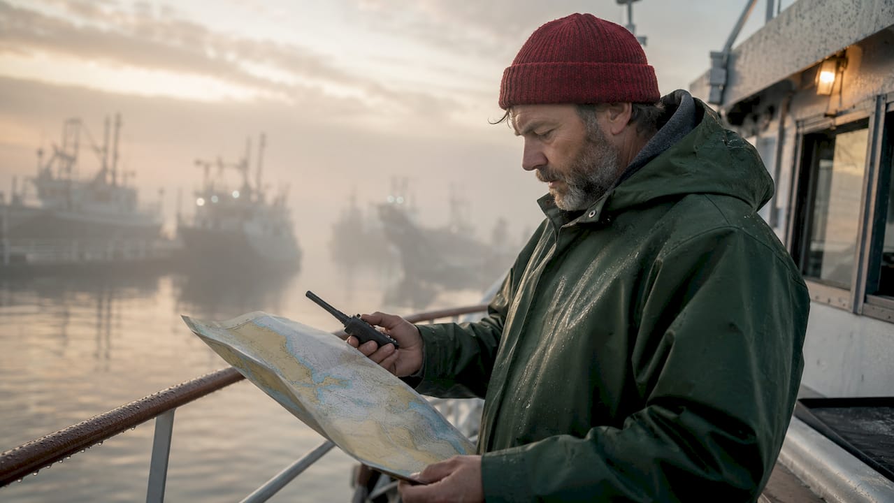 Mariner checking AIS device on vessel deck at sunset