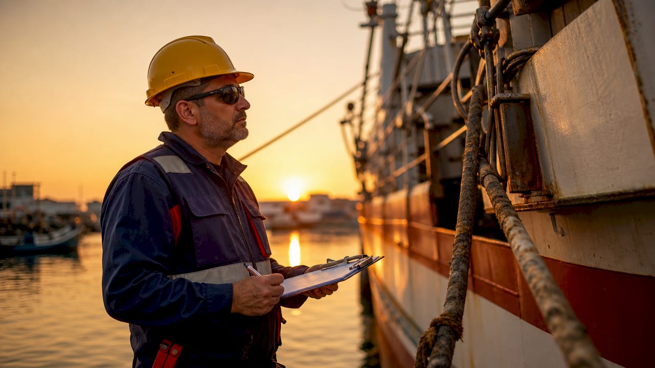 Marine surveyor inspecting vessel deck equipment