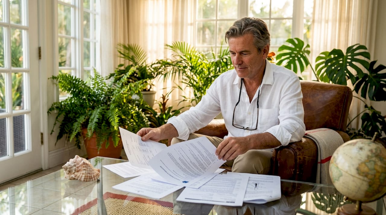 Yacht owner reviewing registry documents at desk