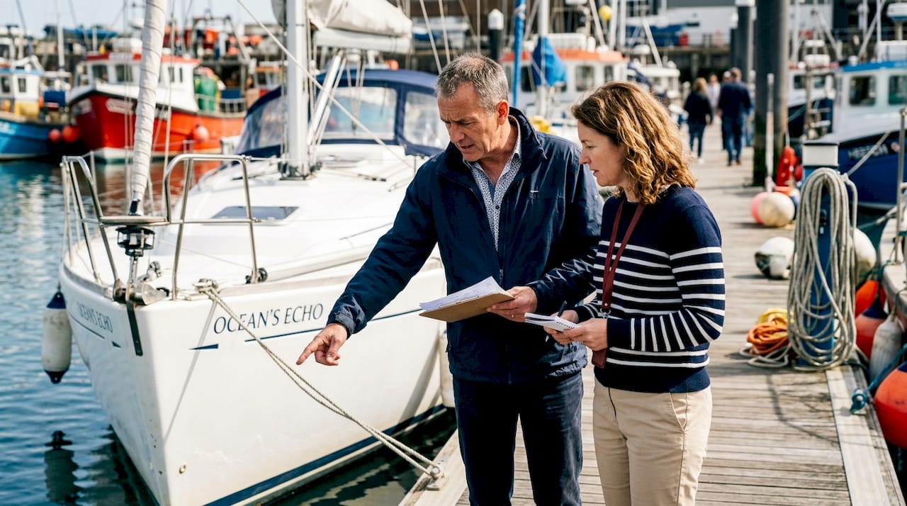 Yacht surveyor inspecting boat hull with buyer