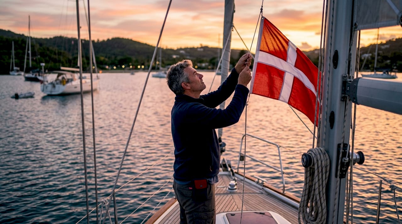 Man attaching vessel flag to yacht mast