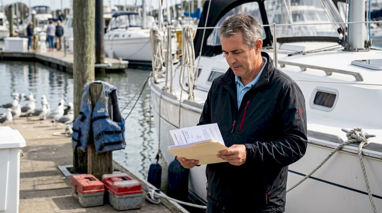 Yacht owner reviews insurance documents on dock
