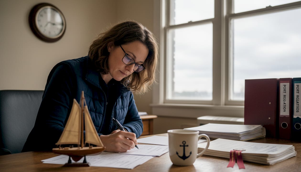 Administrator filling vessel paperwork at a busy desk