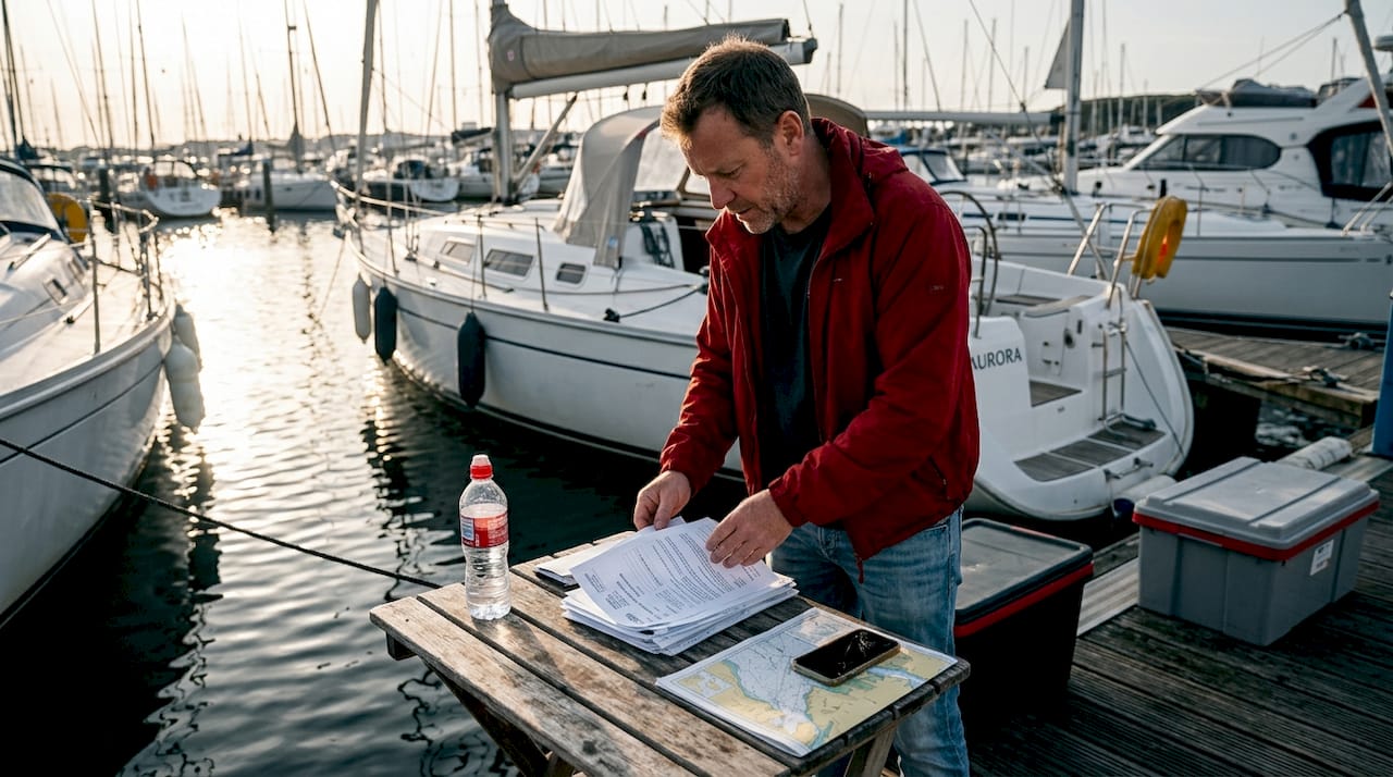 Yacht owner organizing registration papers at marina