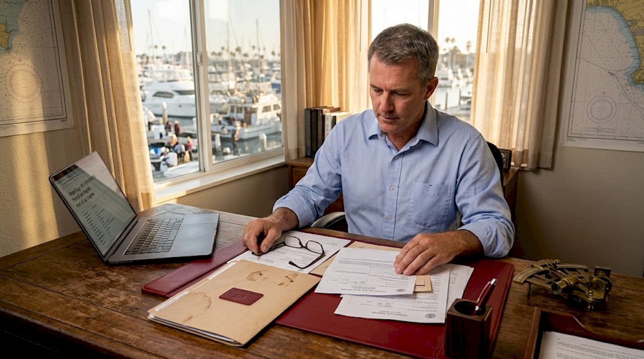 Ship owner reviewing vessel registration paperwork