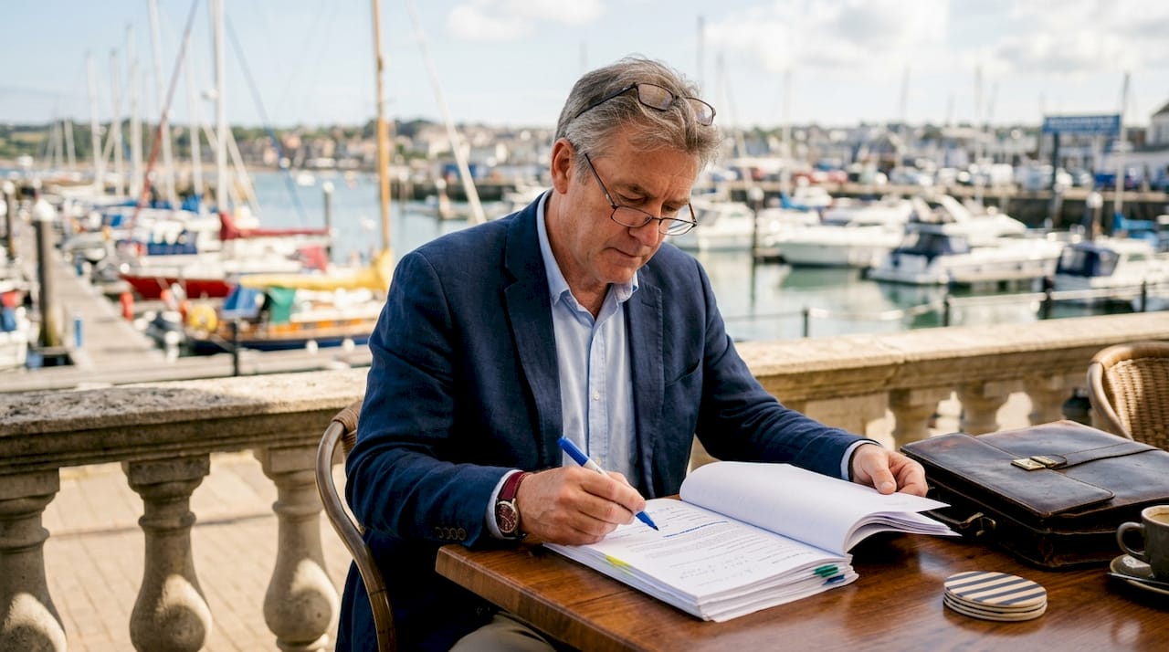 Marine insurance broker reviewing vessel policy