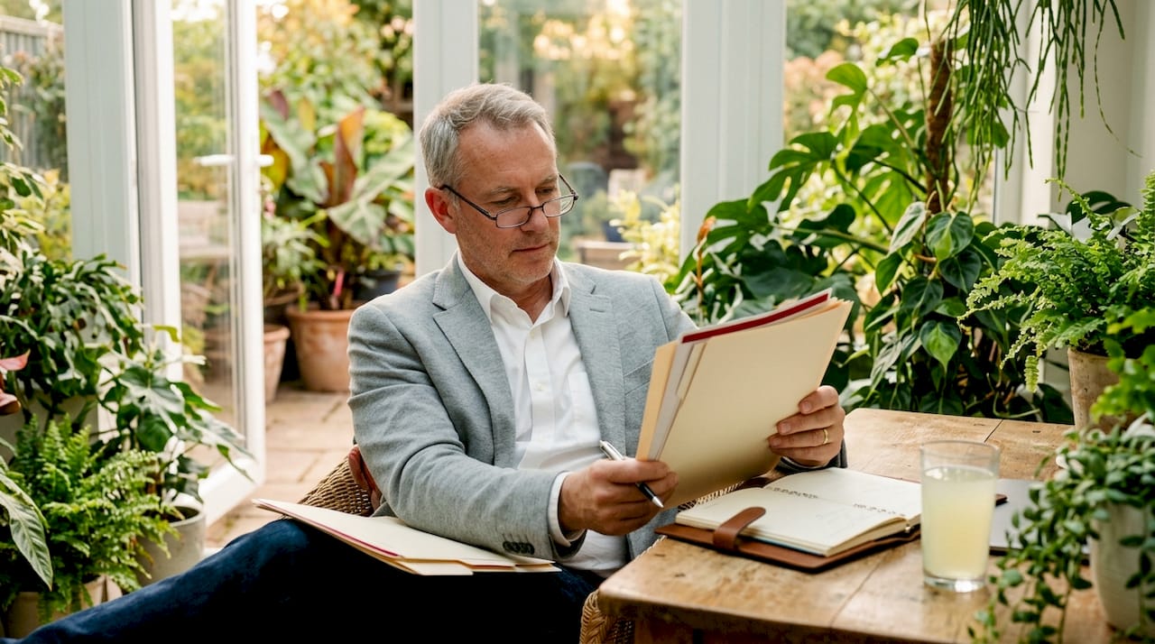 Yacht owner reviewing registration papers at desk