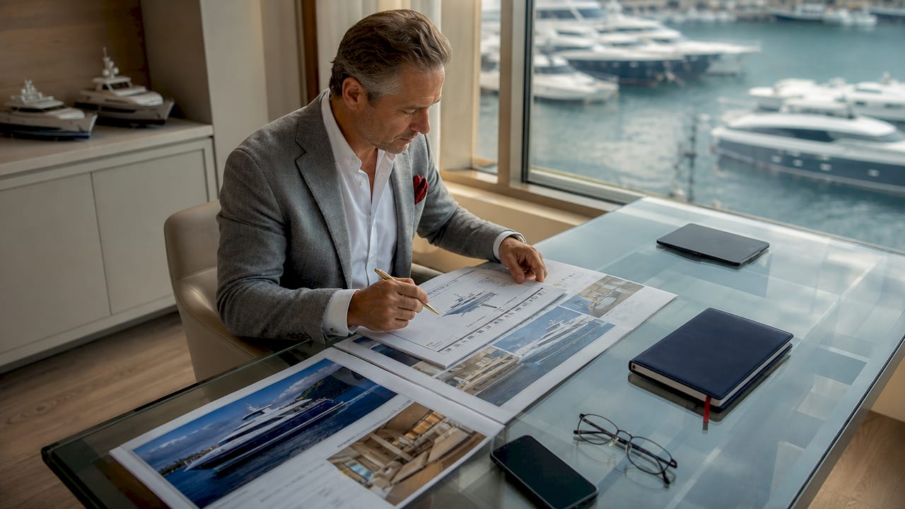 Yacht broker reviewing valuation documents in marina office