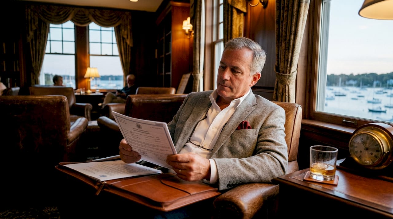 Yacht owner reviewing offshore company yacht documents