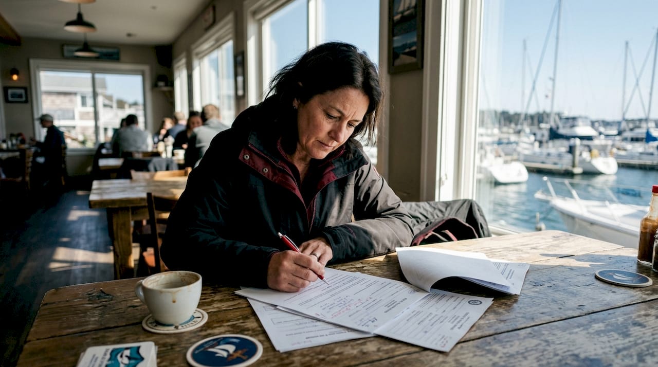 Yacht broker reviewing licensing documents at desk