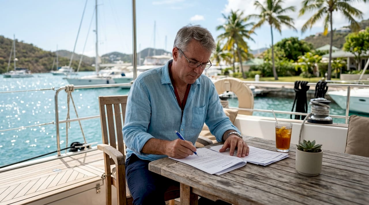 Yacht owner reviewing warranty documents at desk