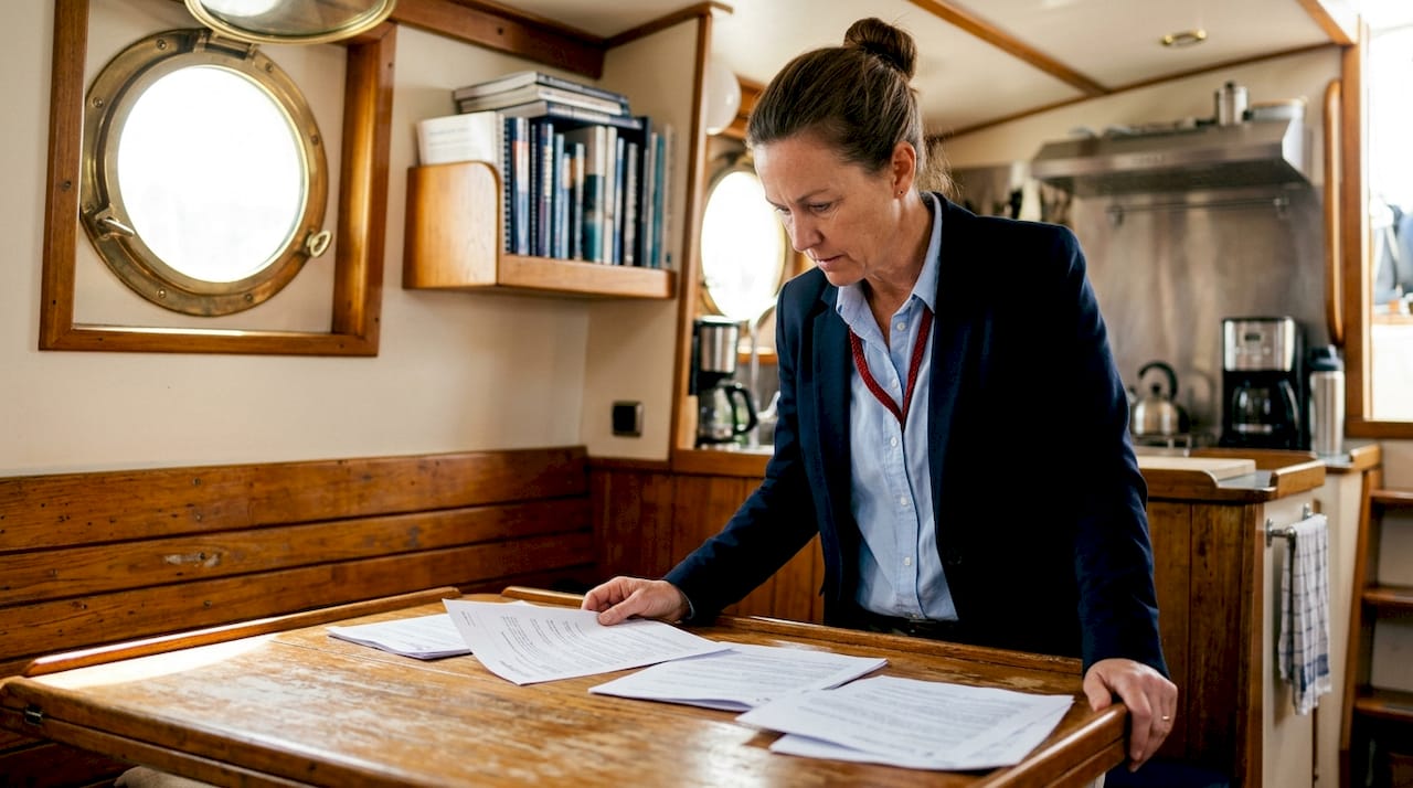 Yacht operator reviewing insurance claim paperwork