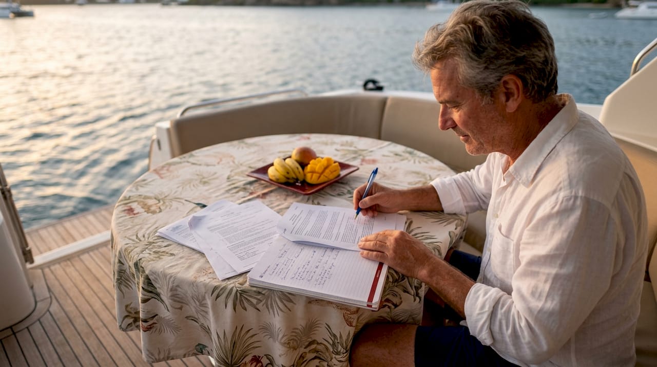 Yacht owner reviewing compliance documents inside yacht cabin