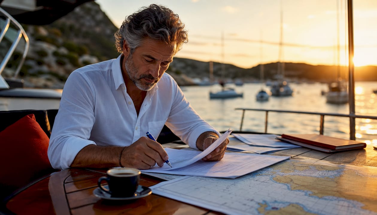 Man reviewing yacht financing documents at desk