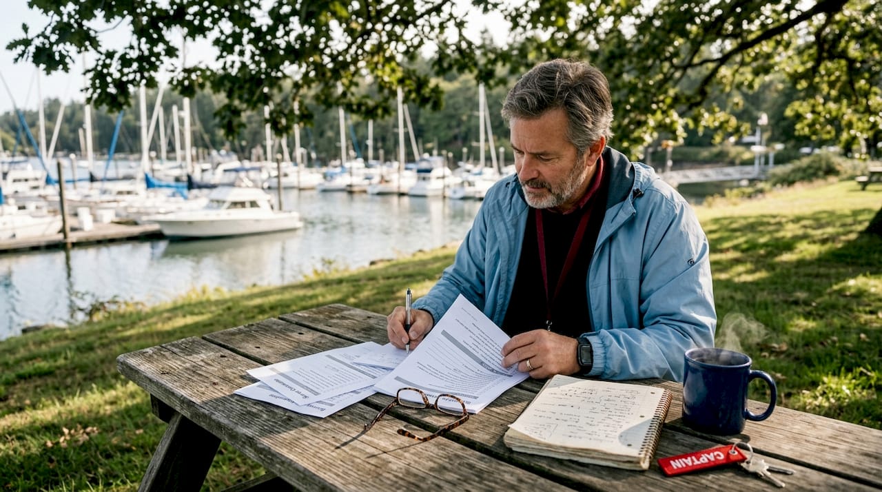 Boat owner reviewing survey coordination checklist at marina