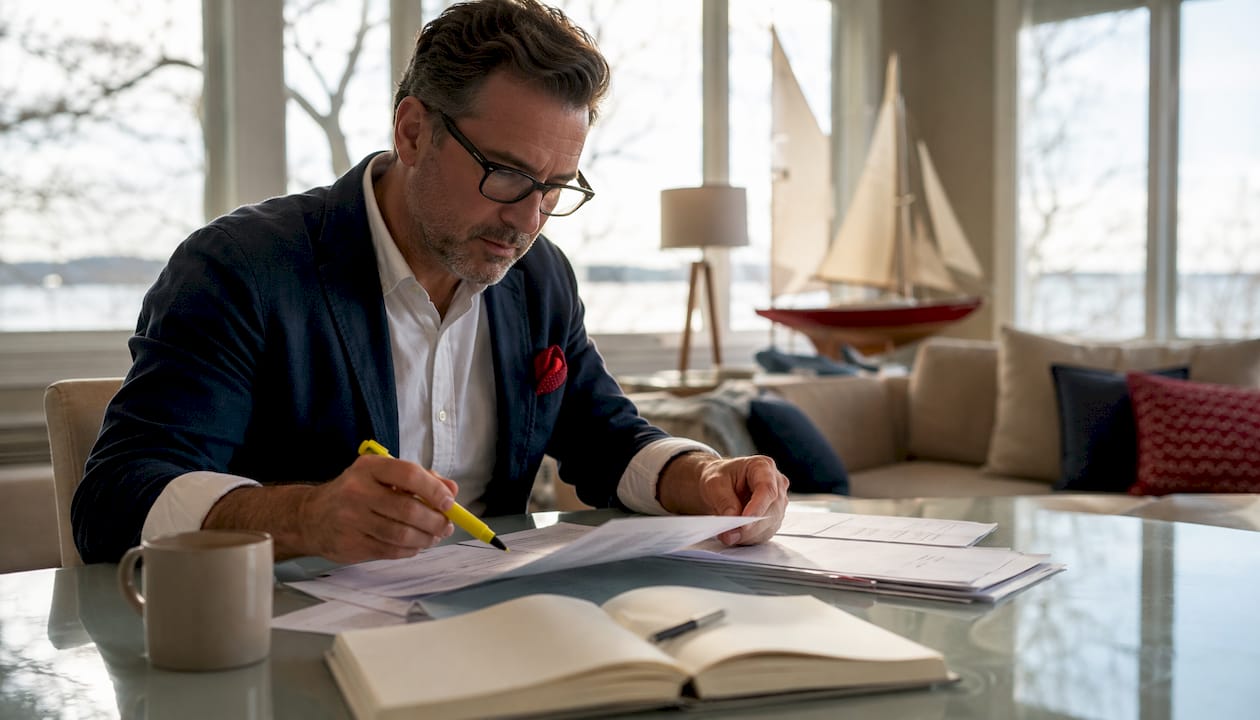 Man reviewing yacht registration documents at desk