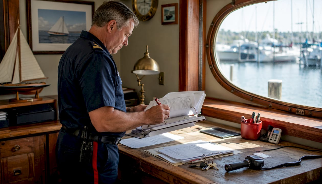 Official reviewing vessel registration documents at dockside office