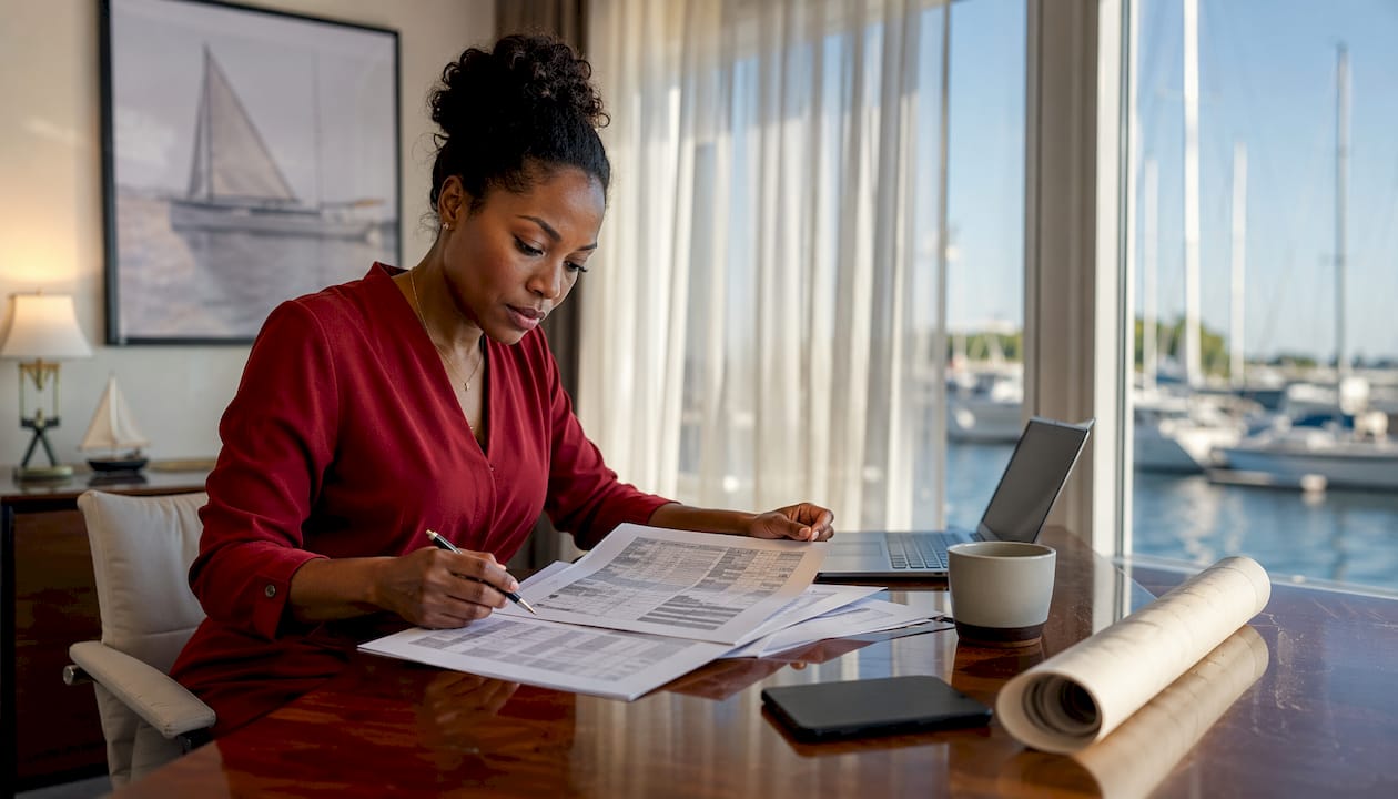 Yacht manager reviewing schedules in nautical-themed office