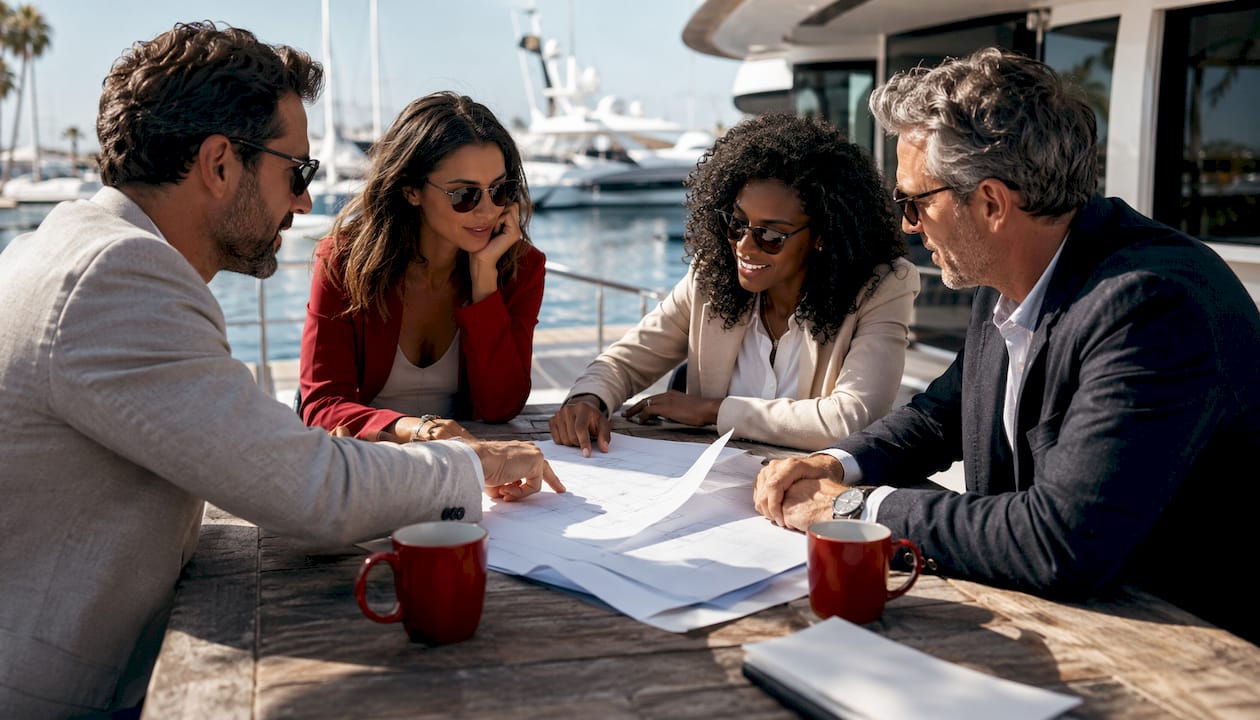 Group discussing yacht syndication agreement in meeting room