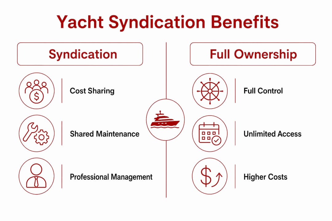 Infographic comparing yacht syndication vs full ownership benefits